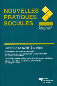 Nouvelles pratiques sociales : Vol. 6 : No 1 : Surdité