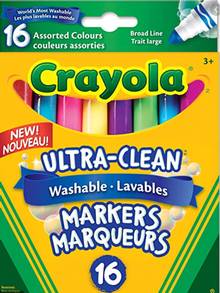 Marqueurs lavables Ultra-Clean Crayola®    bte 16 - POINTE LARGE  coul Classiques   56-7916