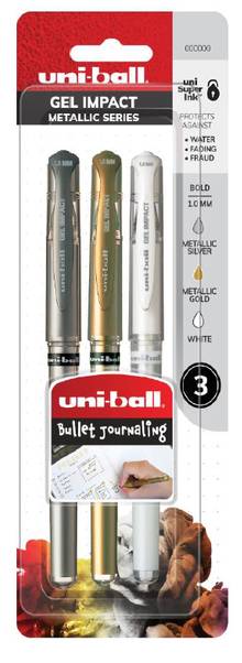 uni-ball  Super Ink™    paquet de 3   Gel IMPACT METALLIC  1.0mm      Or/Argent/Blanc  