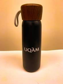 Bouteille en acier inoxydable noire bouchon impression bois - UQAM blanc